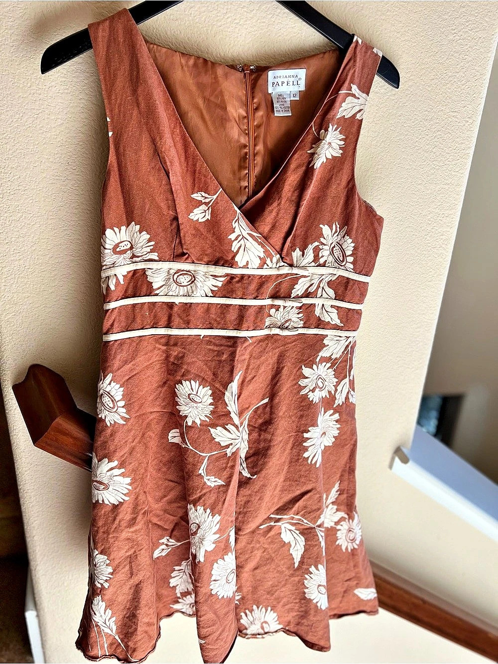 Adrianna Papell Rust Linen  Floral Sundress Size12 Cottagecore Boho Prairie Chic